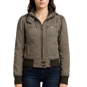 O’Neill Y2K Women’s Wool Blend Herringbone Bomber Jacket M Brown Zip Tweed